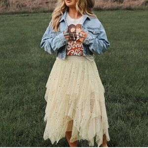 New Yellow Bohemian Full Tiered Lace Midi Skirt